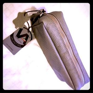 Valentina Italy Gray Pebbled Leather Cosmetic Bag